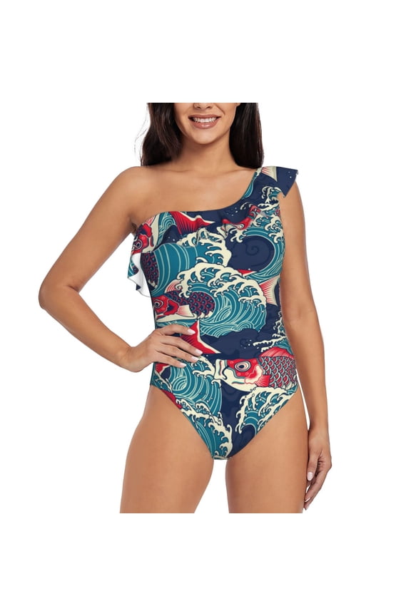 Fish In The Wave Pattern Women One Piece Swimsuits Tummy Control One Shoulder Bathing Suits Ruffle Swimwear-XX-Large
