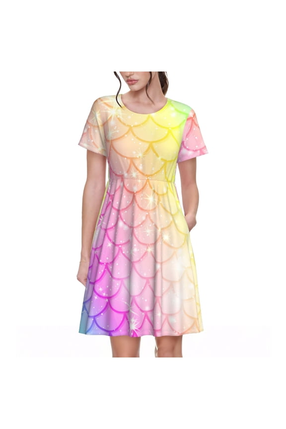 Fish Scale Pattern Women’s Short Sleeve Dress – Casual Elegant Summer A-Line Dress for Everyday Wear