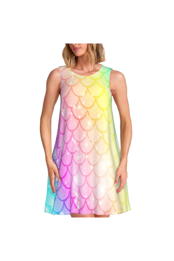 Fish Scale Pattern Women’s Sleeveless Dress,Casual Summer Dress,A-line Sleeveless Dress Versatile Summer Dress Stylish Day Dress