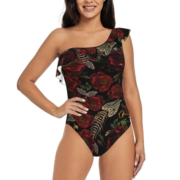 Rateoe Fishbone Rose Pattern Women One Piece Swimsuits Tummy Control One Shoulder Bathing Suits Ruffle Swimwear-Medium