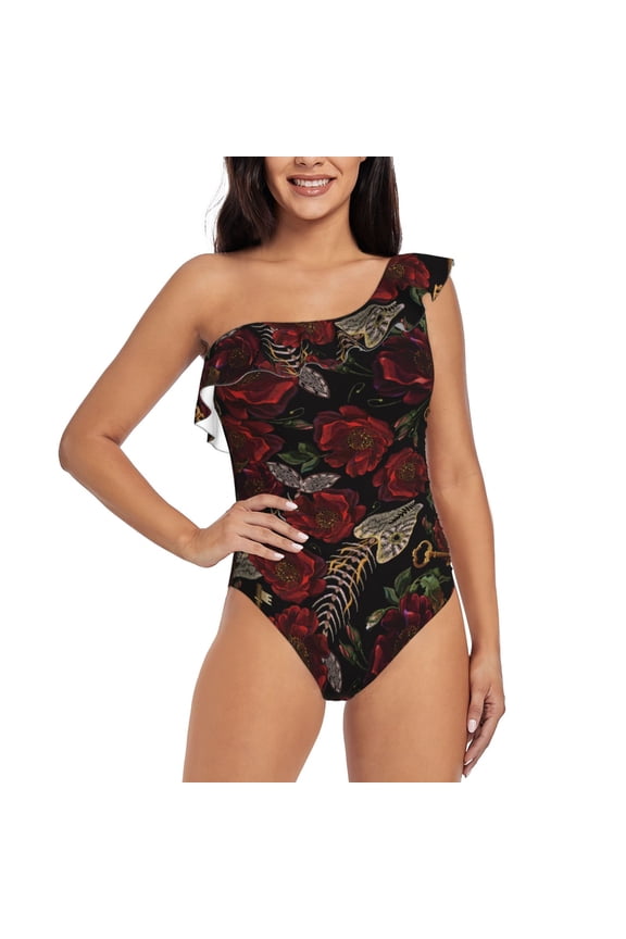 Fishbone Rose Pattern Women One Piece Swimsuits Tummy Control One Shoulder Bathing Suits Ruffle Swimwear-X-Large