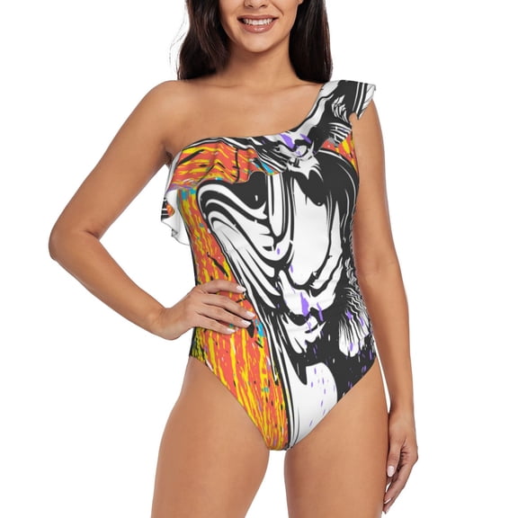 Rateoe Fishing Bass Pattern Women One Piece Swimsuits Tummy Control One Shoulder Bathing Suits Ruffle Swimwear-Medium