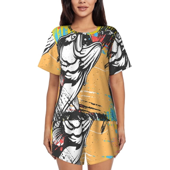 Rateoe Fishing Bass Pattern Women's Short-Sleeved Pajama Set - 2 Piece Soft and Lightweight Sleepwear Set-4X-Large