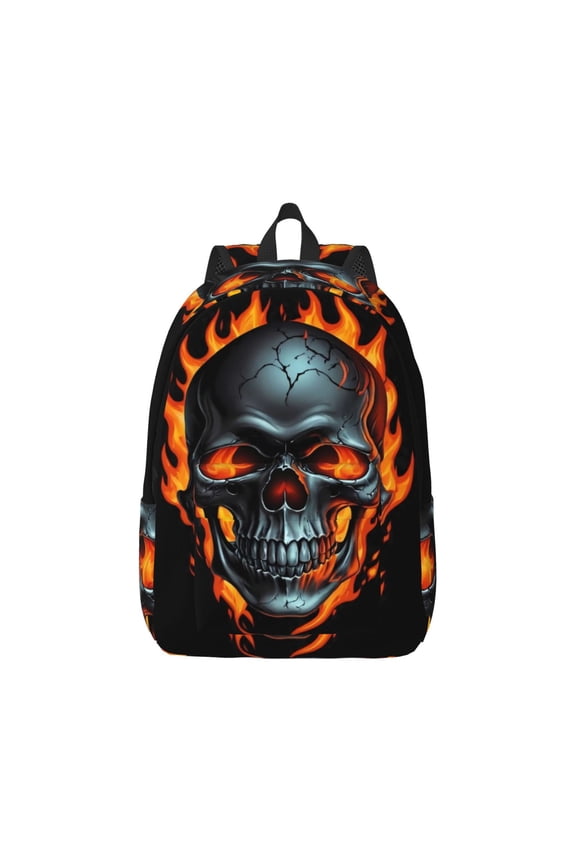 Flame Metal Skull Pattern Canvas College Laptop Backpack,Travel Daypack,Durable Rucksack Travel Notebook Bag School Backpack Book Bag for Men Women-Medium