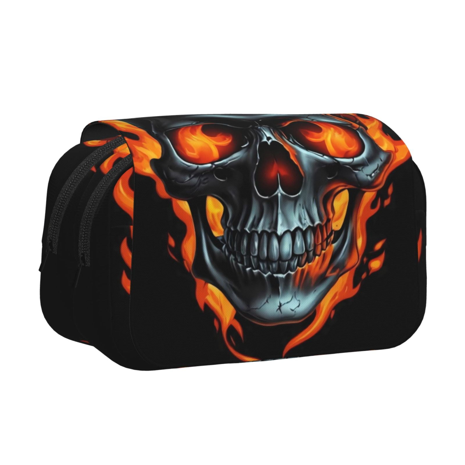 Rateoe Flame Metal Skull Pattern Double Clamshell Pen Case, Storage Organizer with Two Zipper Compartments– Holds Up to 50 Pencils & Pens