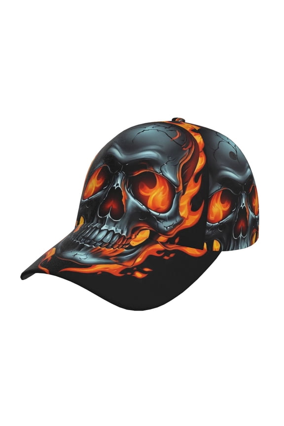 Flame Metal Skull Pattern Mens Baseball Cap Adjustable Curved Brim Hat, Soft Cotton Sports Cap for Outdoor, Casual, and Everyday Wear, Comfortable & Breathable