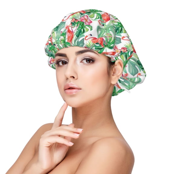 Rateoe Flamingo And Monstera Pattern Silk Satin Hair Bonnet for Sleeping, Adjustable Sleep Cap Turban for Women , Curly Straight Hair Long Large Braid