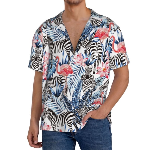 Rateoe Flamingo And Zebra Print Mens Front Pocket Hawaiian Shirts Casual Shirts Short Sleeve Button Down Beach Tropical Shirts-Large