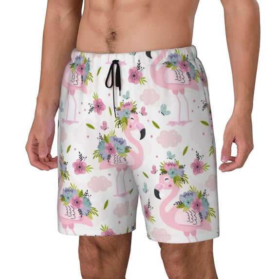 Rateoe Flamingo And Flowers Pattern Men’s Swim Shorts with Compression Liner – Double-Layered Quick-Dry Swimwear, Comfortable & Stretchy Beach Shorts-Large