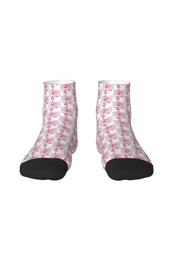 Flamingo On Checkered Pattern Quarter Crew Socks,Toe Seamed Ankle Socks,Cotton Cushioned Breathable Athletic Crew Sports Socks