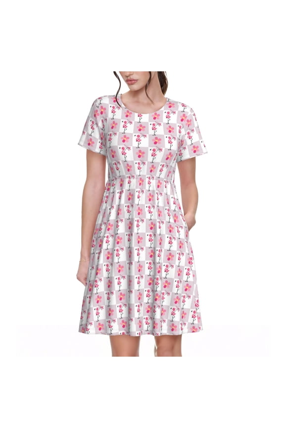 Flamingo On Checkered Pattern Women’s Short Sleeve Dress – Casual Elegant Summer A-Line Dress for Everyday Wear