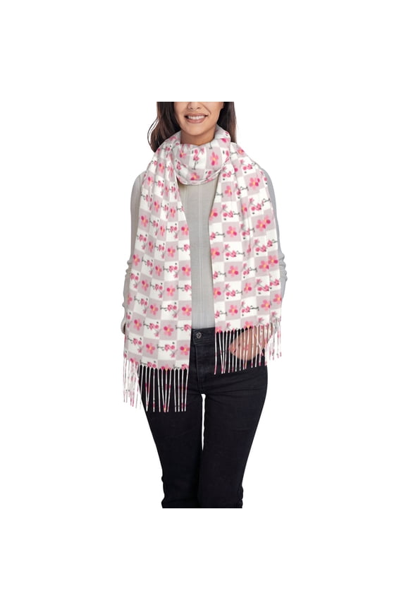 Flamingo On Checkered Women's Traditional Scarf Wrap Tassel Shawl Fringes Neck Head Shawl Retro Scarf