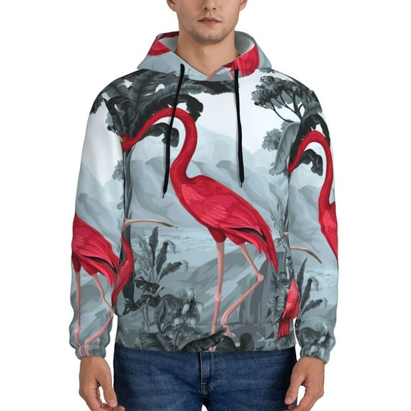 Rateoe Flamingo On The Jungle Pattern Mens Hoodie, Pullover Hooded Sweatshirt, Kangaroo Pocket Hoodie Ideal for Daily Wear, Travel and Home-X-Large