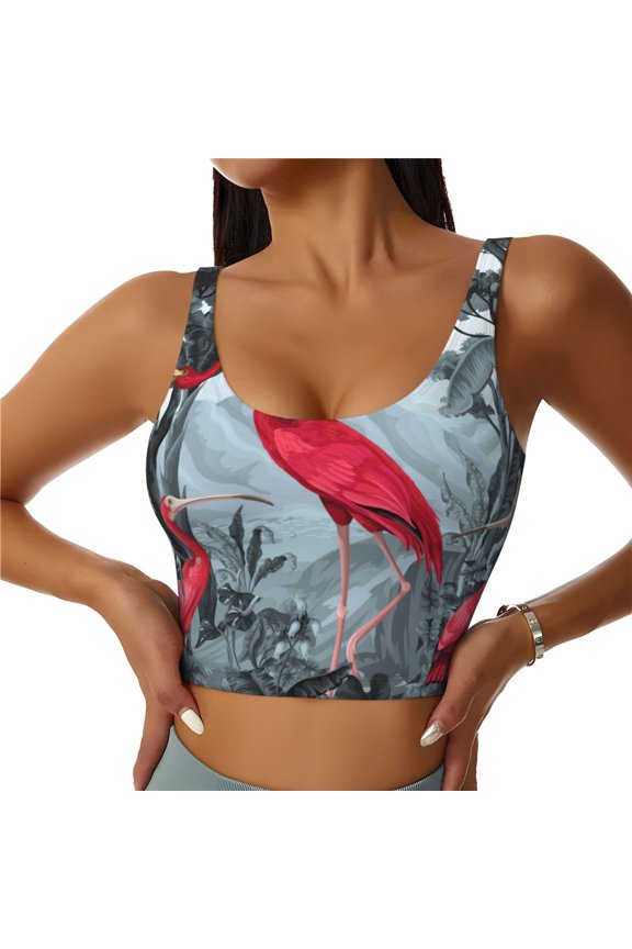 Flamingo On The Jungle Print Womens' Sports Bras Scoop Neck Sports Vest- Padded U Back Seamless High Impact Support-