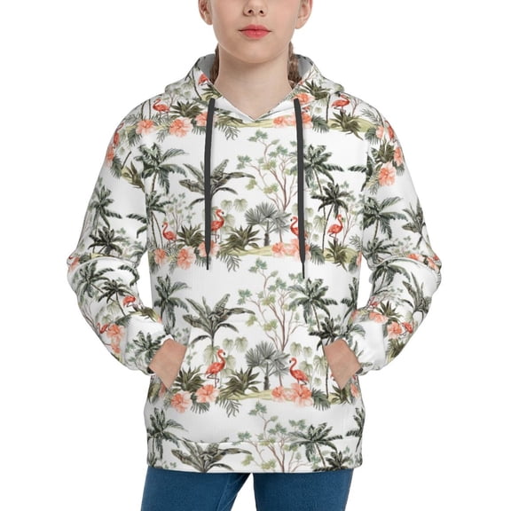 Rateoe Flamingo Palm Trees Pattern Boys Hoodie, Youth Pullover Hooded Sweatshirt, Kangaroo Pocket Hoodie for Kids-Medium