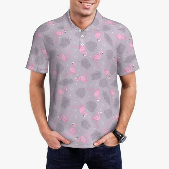 Rateoe Flamingo Pattern Men's Short Sleeve Polo Shirts, Golf Polo Shirts Short Sleeve Performance Moisture Wicking Dry-Large