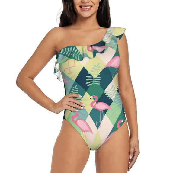 Rateoe Flamingo Pattern Women One Piece Swimsuits Tummy Control One Shoulder Bathing Suits Ruffle Swimwear-