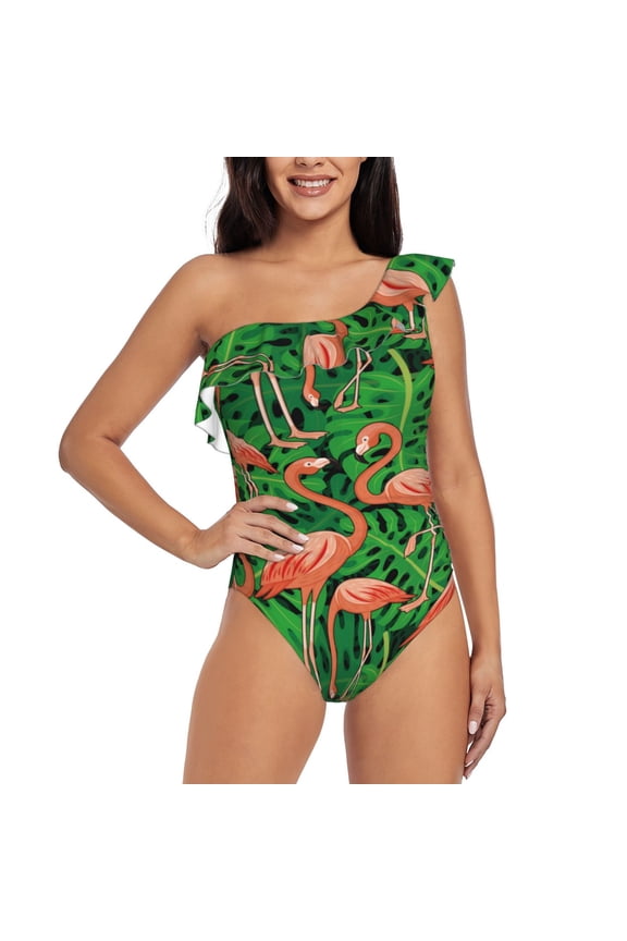 Flamingo Pattern Women One Piece Swimsuits Tummy Control One Shoulder Bathing Suits Ruffle Swimwear-