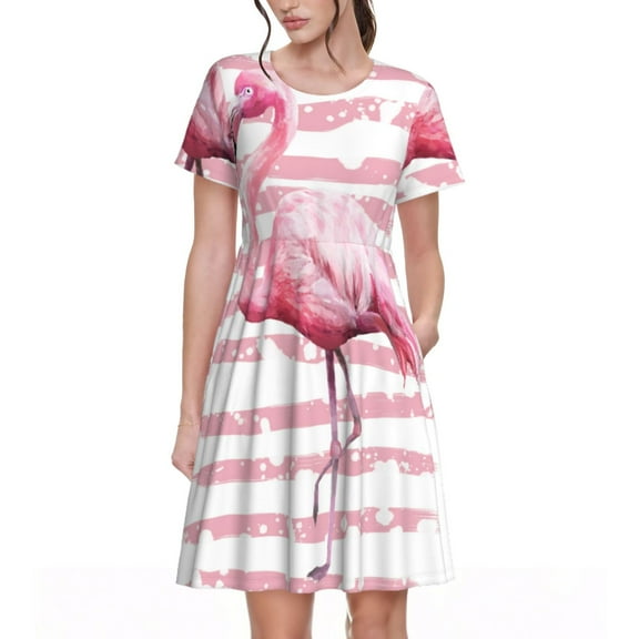 Rateoe Flamingo Pattern Women’s Short Sleeve Dress – Casual Elegant Summer A-Line Dress for Everyday Wear