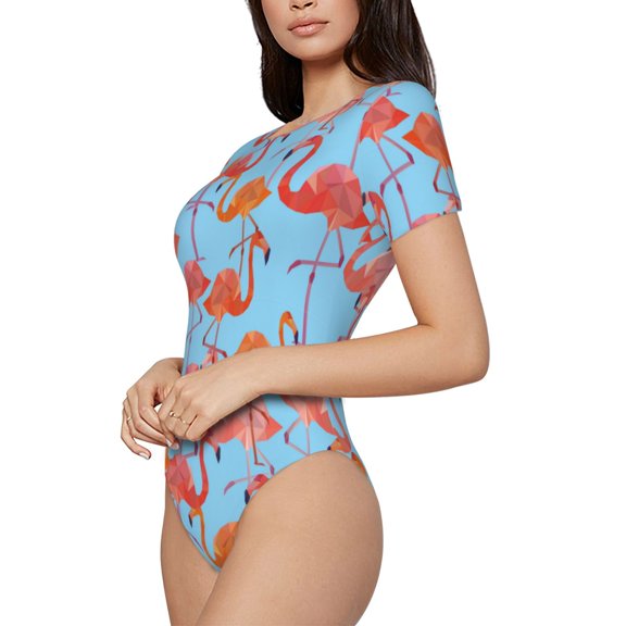 Rateoe Flamingo Printed Women Rash Guard Short Sleeve,Tummy control Swimsuit Surfing Swimsuit Bathing Suit Short-sleeved Onesie UPF 50+