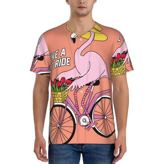 Rateoe Flamingo Riding a Bicycle Pattern Men’s Baseball Short Sleeve Polo Shirt, Midweight Men's Shirt Golf Shirt Polo Shirts Quick Dry Short-4X-Large