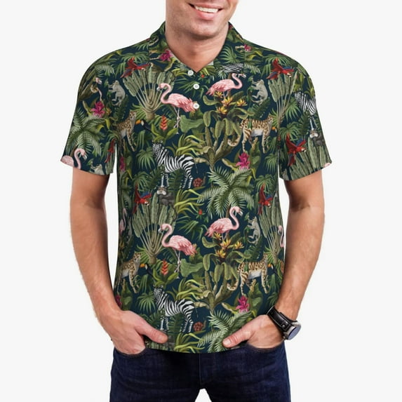 Rateoe Flamingos And Palm Leaves Pattern Men's Short Sleeve Polo Shirts, Golf Polo Shirts Short Sleeve Performance Moisture Wicking Dry-Medium