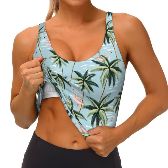Rateoe Flamingos And Palms Print Womens' Sports Bras Scoop Neck Sports Vest- Padded U Back Seamless High Impact Support