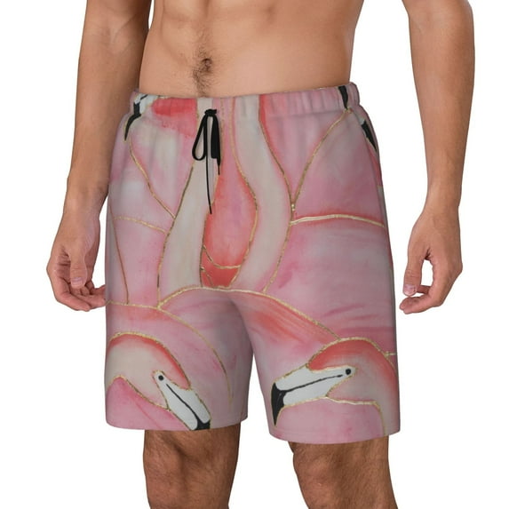 Rateoe Flamingos Pattern Men’s Swim Shorts with Compression Liner – Double-Layered Quick-Dry Swimwear, Comfortable & Stretchy Beach Shorts-Large