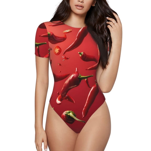 Rateoe Floating Red Chili Peppers Printed Women Rash Guard Short Sleeve,Tummy control Swimsuit Surfing Swimsuit Bathing Suit Short-sleeved Onesie UPF 50+ -Medium