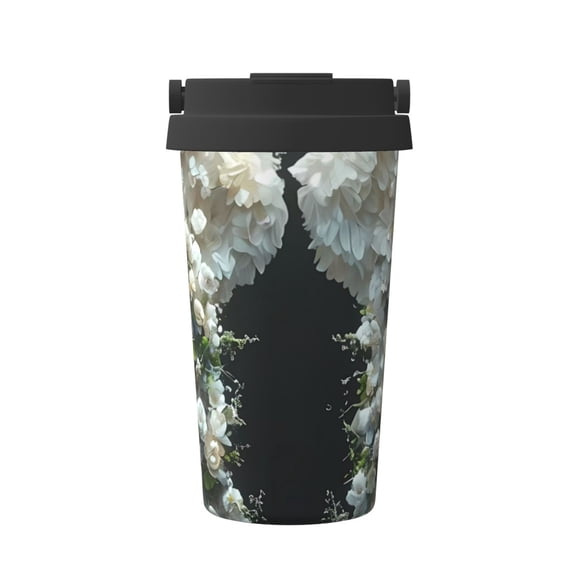 Rateoe Floral Angelic White Wings Pattern Travel Coffee Mug Tumbler with Flip Lid | Reusable Insulated Stainless Steel Cold Brew Iced Coffee Cup Thermos