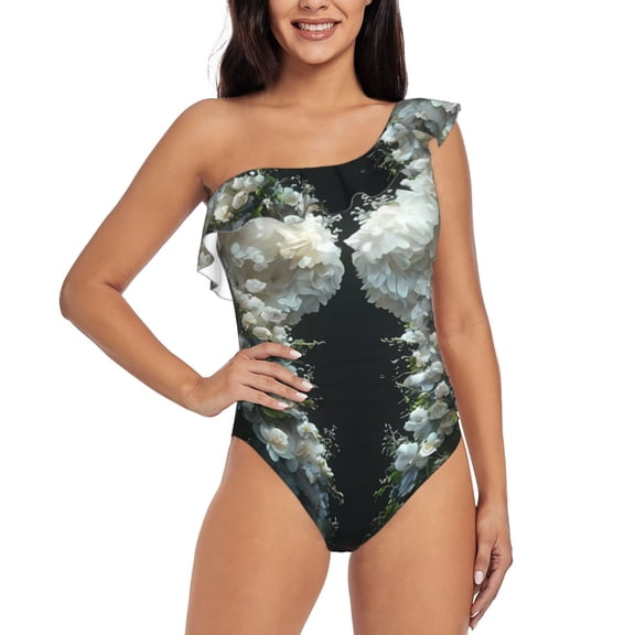 Rateoe Floral Angelic White Wings Pattern Women One Piece Swimsuits Tummy Control One Shoulder Bathing Suits Ruffle Swimwear-