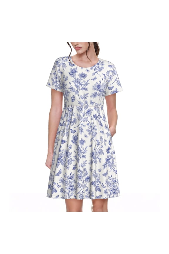 Floral Butterfly Pattern Women’s Short Sleeve Dress – Casual Elegant Summer A-Line Dress for Everyday Wear