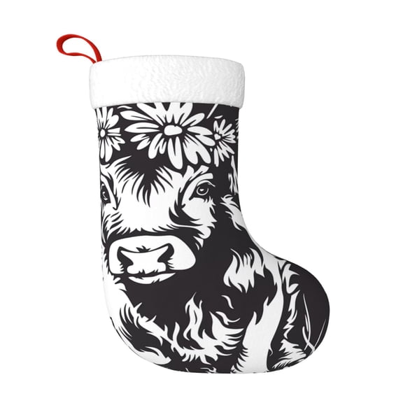 Rateoe Floral Cow Silhouette Print Christmas Stockings,18 Inch Large Christmas Stockings Decoration Ornaments for Holiday Home Fireplace Indoors