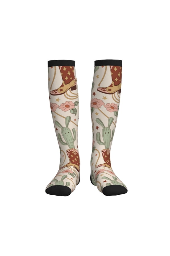 Floral Cowboy Boots Compression Socks for Women and Men 20-30mmHg-Circulation Support Socks Knee High Nurse Pregnant Running Medical and Travel Athletic