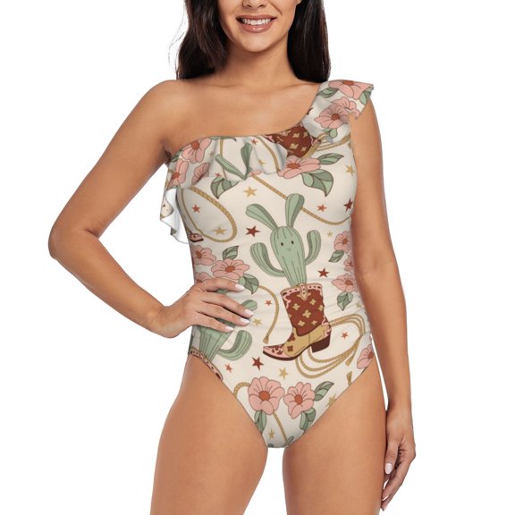 Rateoe Floral Cowboy Boots Pattern Women One Piece Swimsuits Tummy Control One Shoulder Bathing Suits Ruffle Swimwear-Large