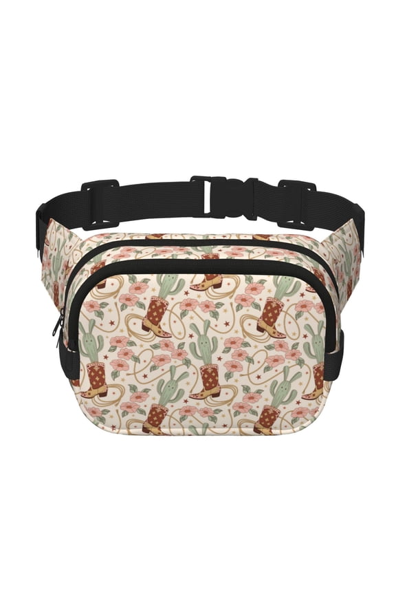 Floral Cowboy Boots Print Fanny Pack Belt Bag for Women and Men, Square Double-Layer Waterproof Waist Pack with Adjustable Strap for Hiking, Jogging, Cycling