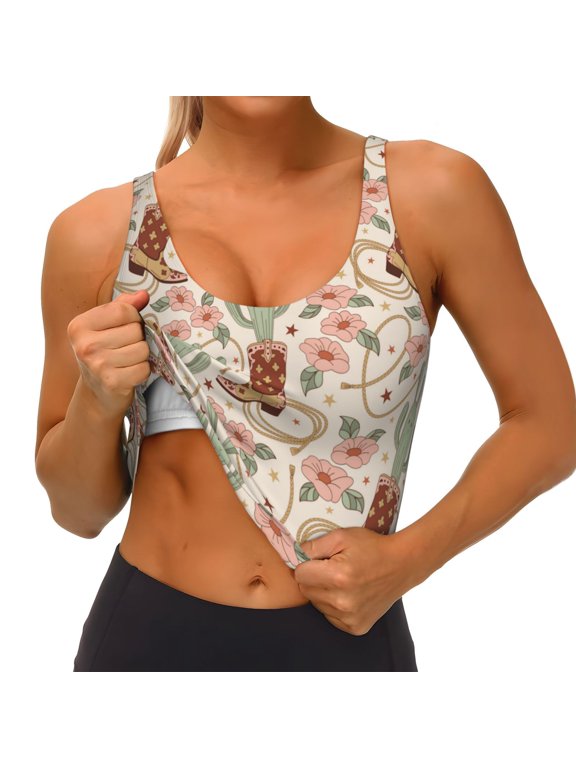 Floral Cowboy Boots Print Womens' Sports Bras Scoop Neck Sports Vest- Padded U Back Seamless High Impact Support