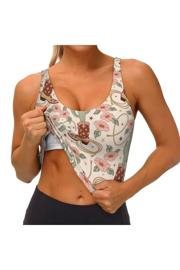 Floral Cowboy Boots Print Womens' Sports Bras Scoop Neck Sports Vest- Padded U Back Seamless High Impact Support
