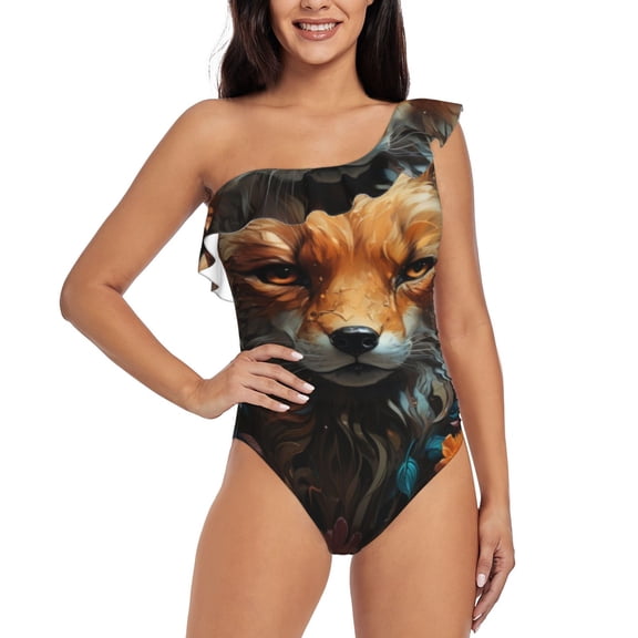 Rateoe Floral Fox Pattern Women One Piece Swimsuits Tummy Control One Shoulder Bathing Suits Ruffle Swimwear-Small