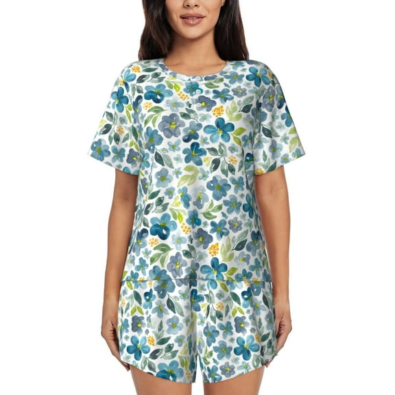 Rateoe Floral In Blue Pattern Women's Short-Sleeved Pajama Set - 2 Piece Soft and Lightweight Sleepwear Set-X-Large