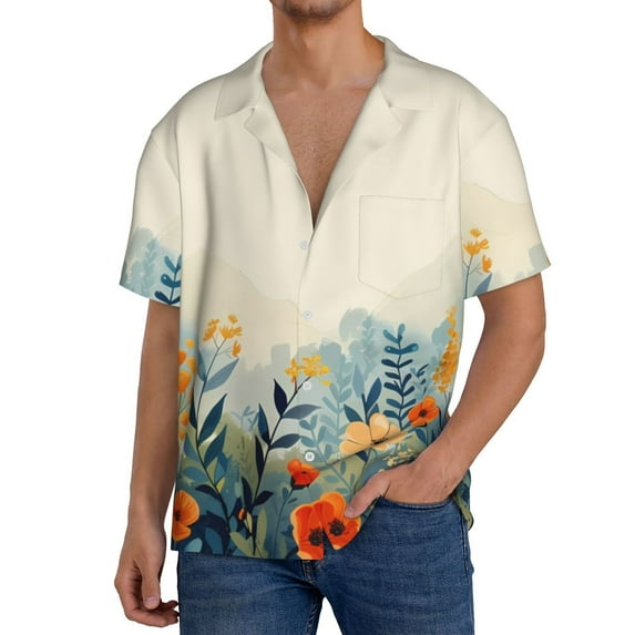 Rateoe Floral Mountain Landscape Print Mens Front Pocket Hawaiian Shirts Casual Shirts Short Sleeve Button Down Beach Tropical Shirts-Medium
