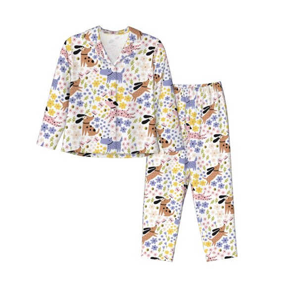 Rateoe Floral Puppy Pattern Womens Pajamas Set Long Sleeve Sleepwear Button Down Nightwear Soft Cotton Pj Lounge Sets