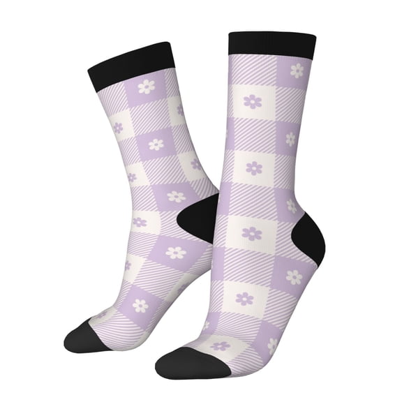 Rateoe Floral Purple Buffalo Plaid for Women Casual Calf Socks - Cute Crew Socks - Thin Soft Above Ankle Socks Size 5-11