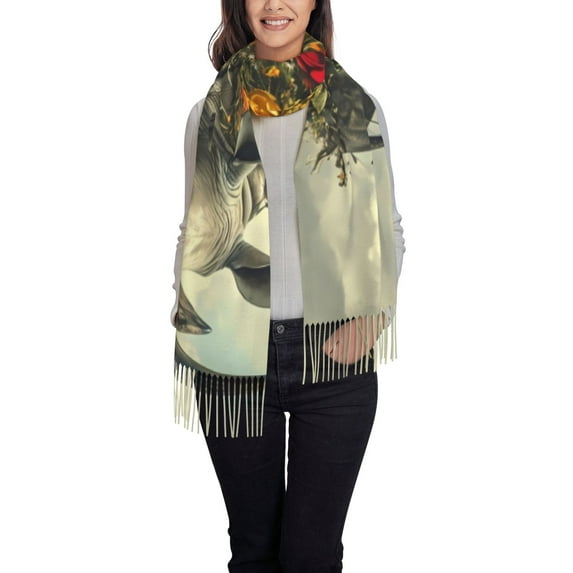 Rateoe Floral Rhino With Birds Women's Traditional Scarf Wrap Tassel Shawl Fringes Neck Head Shawl Retro Scarf