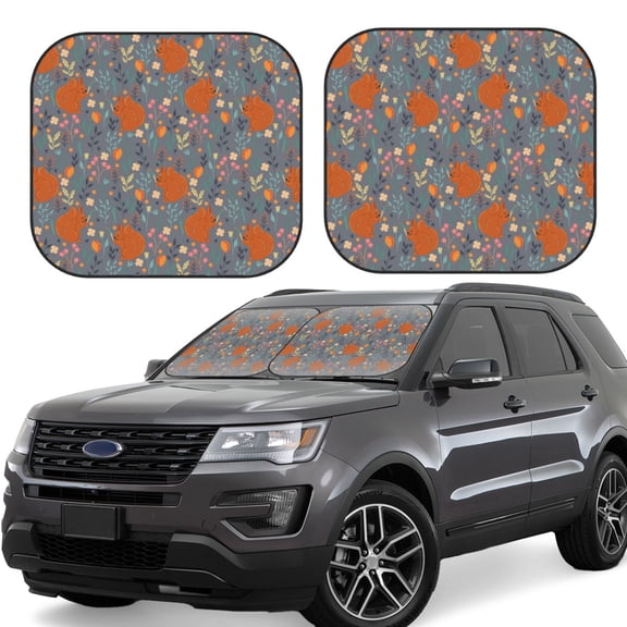 Rateoe Floral Squirrel Pattern 2 Piece Car Windshield Sun Shade Foldable | Front Windshield Shade for Sun, Heat and UV Rays | Sunshade for Car Front Window-Medium