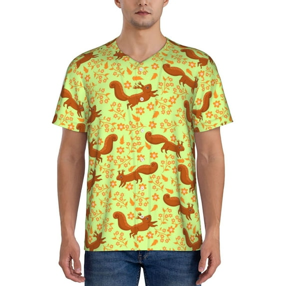 Rateoe Floral Squirrel Pattern Men’s Baseball Short Sleeve Polo Shirt, Midweight Men's Shirt Golf Shirt Polo Shirts Quick Dry Short-Large