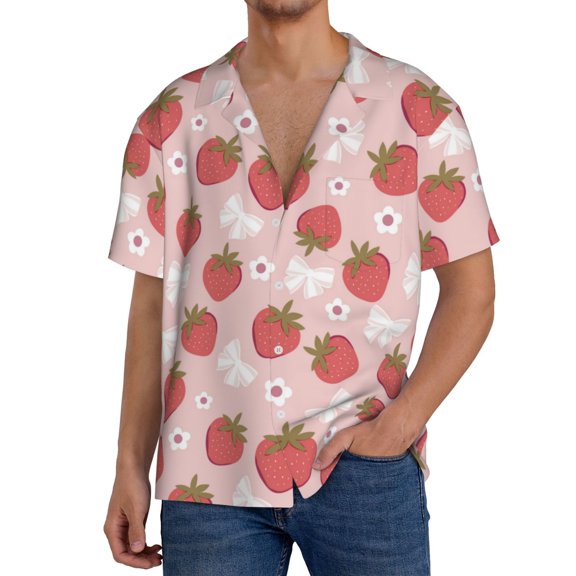 Rateoe Floral Strawberr Print Mens Front Pocket Hawaiian Shirts Casual Shirts Short Sleeve Button Down Beach Tropical Shirts-3X-Large