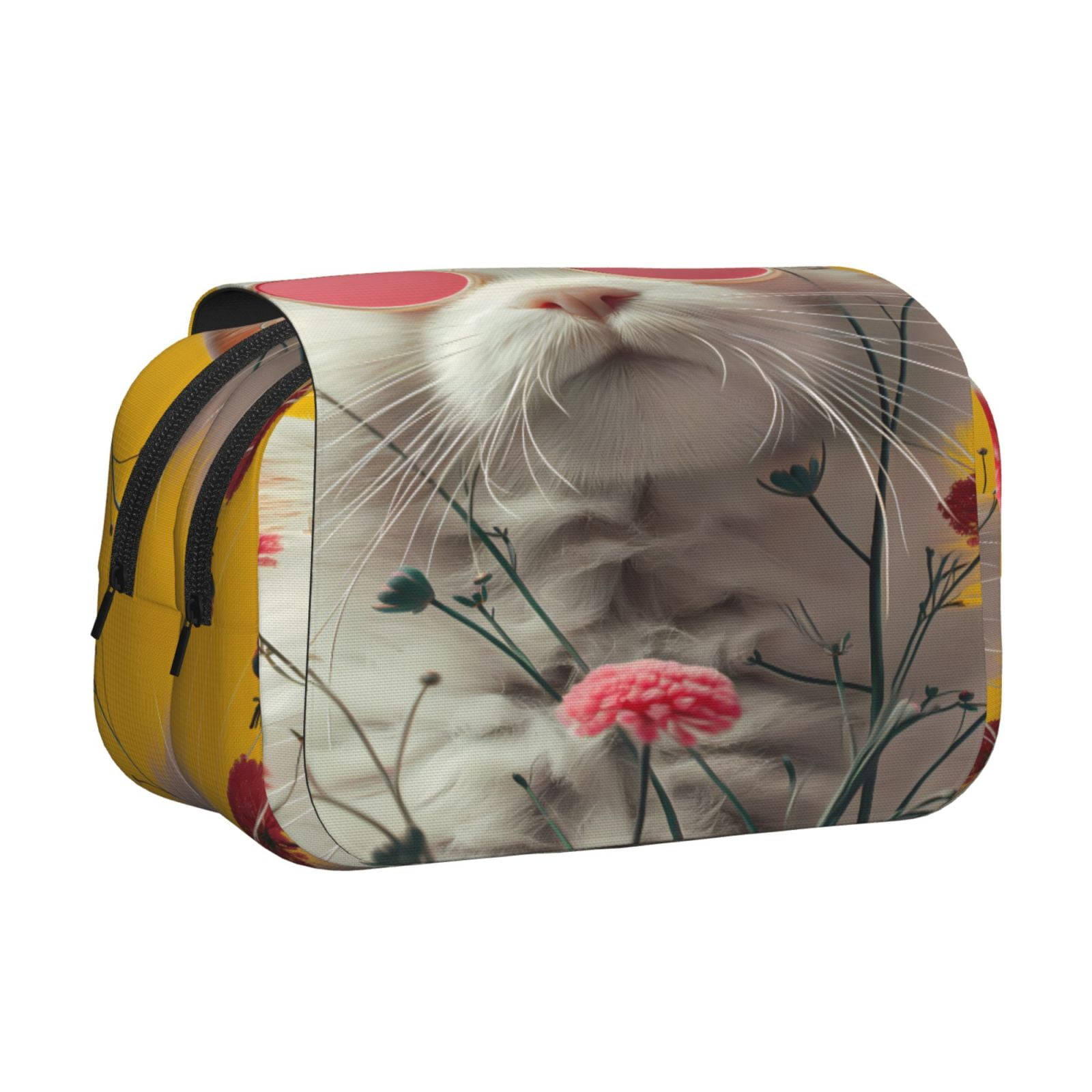 Rateoe Floral Sunglasses Cat Art Pattern Double Clamshell Pen Case, Storage Organizer with Two Zipper Compartments– Holds Up to 50 Pencils & Pens
