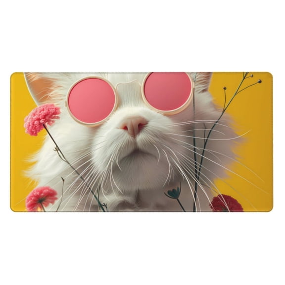 Rateoe Floral Sunglasses Cat Art Print Mouse Pad - Extended Large Gaming Mousepad,Non-Slip Stitched Edge,16x29.5 Inch