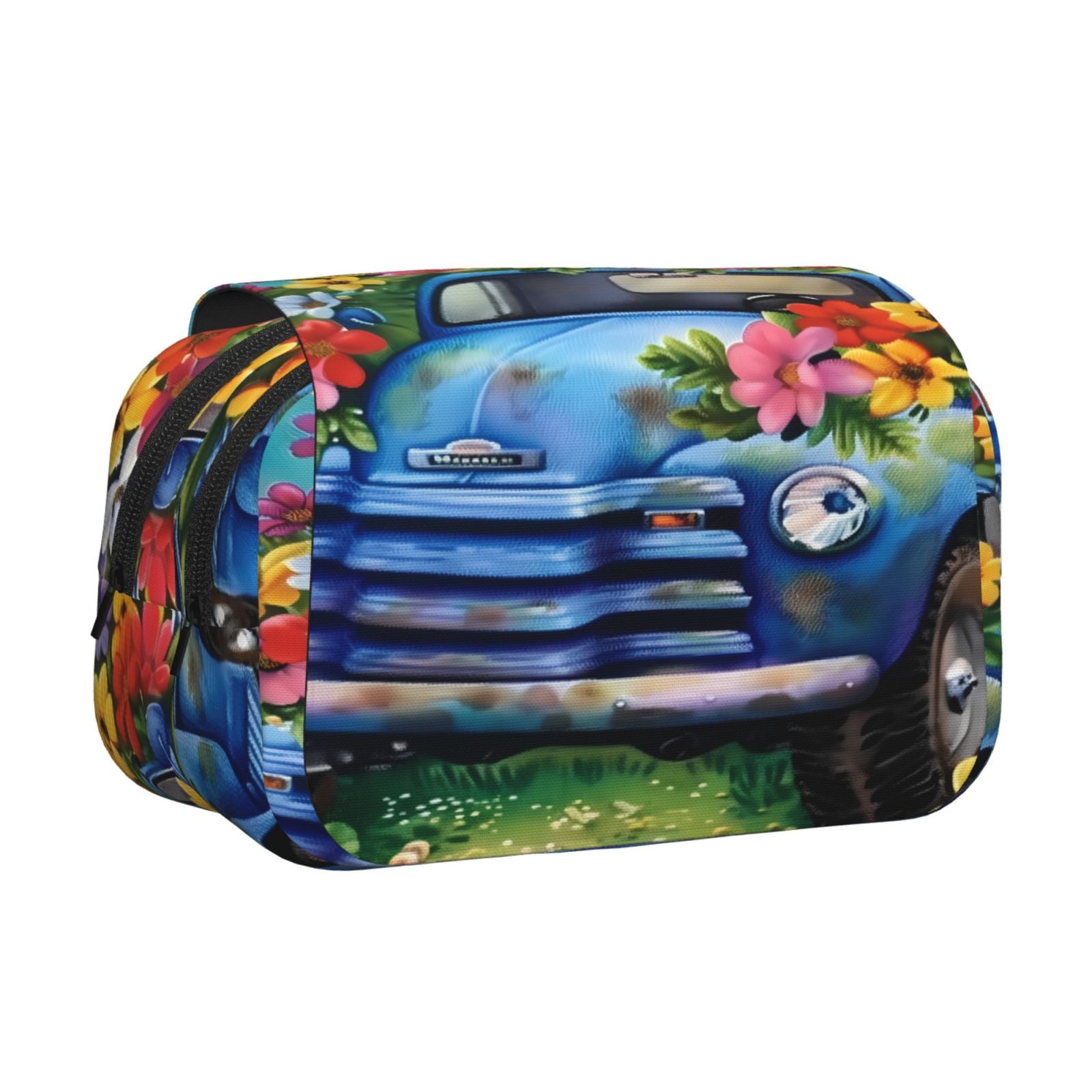 Rateoe Floral Truck Welcome Pattern Double Clamshell Pen Case, Storage Organizer with Two Zipper Compartments– Holds Up to 50 Pencils & Pens